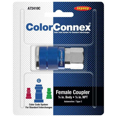 Legacy A72410C  ColorConnex Blue Type C Automotive 1/4" Body x 1/4" Female NPT Quick-Disconnect Coupler - Carded (C2) Image 1
