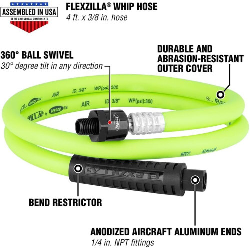 Legacy HFZ3804YW2B  Flexzilla 3/8" x 4' Swivel Whip Air Hose with 1/4" MNPT Ball swivel x 1/4" FNPT Image 1