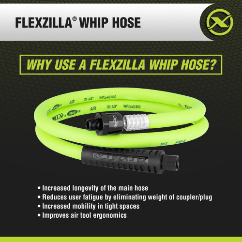 Legacy HFZ3804YW2B  Flexzilla 3/8" x 4' Swivel Whip Air Hose with 1/4" MNPT Ball swivel x 1/4" FNPT Image 2