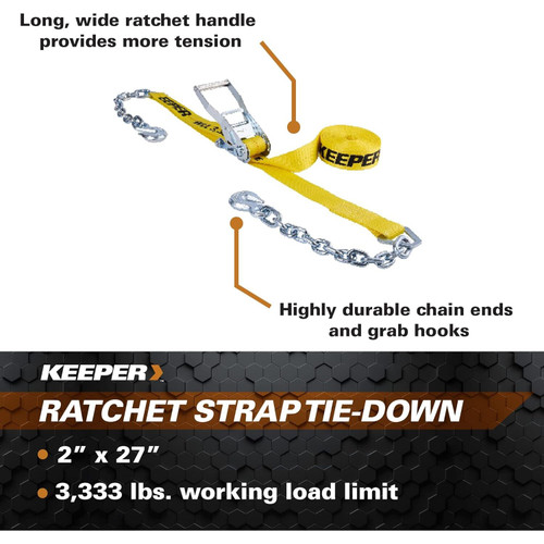 Keeper 04650  2" x 27' Heavy Duty Ratchet Tie-Down Strap with Chain Ends and Grab Hooks Image 2