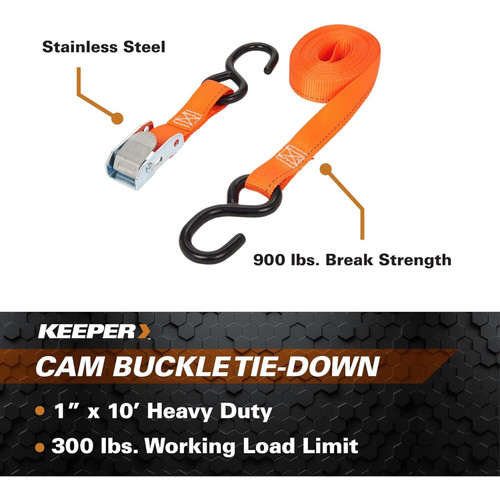 Keeper 05110  1" x 10' Cam Buckle Tie-Down Strap with Full-Size Vinyl Coated S-Hooks Image 2