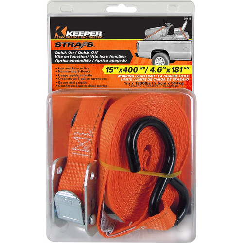 Keeper 05115  1" x 15' Cam Buckle Tie-Down Strap with Full-Size Vinyl Coated S-Hooks Image 1
