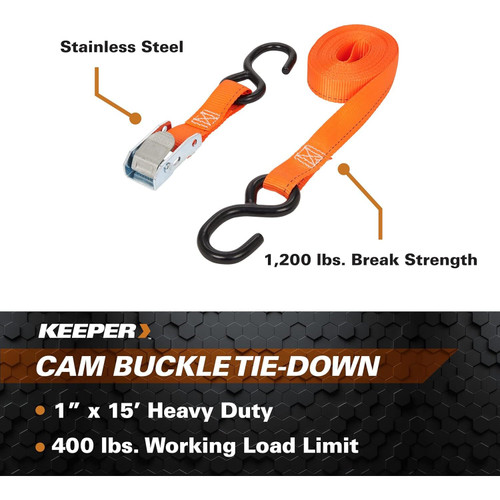 Keeper 05115  1" x 15' Cam Buckle Tie-Down Strap with Full-Size Vinyl Coated S-Hooks Image 2