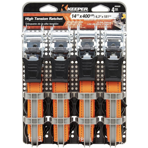 Keeper 05505  1" x 14' High Tension Ratchet Tie-Down Straps with Vinyl Coated S-Hooks - 4 Straps per Package Image 1