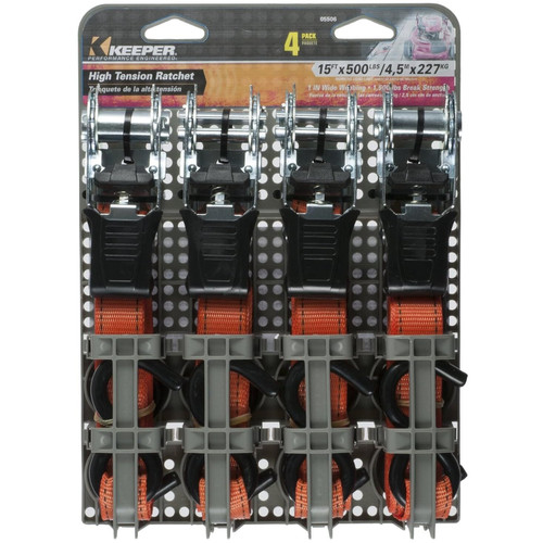 Keeper 05506  1" x 15' High Tension Ratchet Tie-Down Straps with Vinyl Coated S-Hooks - 4 Straps per Package Image 1