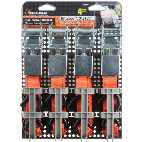 Keeper 05508-V  1" x 10' High Tension Ratchet Tie-Down Straps with Vinyl Coated S-Hooks - 4 Straps per Package Image 1