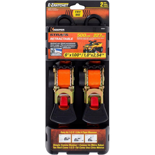 Keeper 05561  1" x 6' Retractable Ratchet Tie-Down Straps with Full-Size Vinyl Coated S-Hooks - 2 Straps per Package Image 1