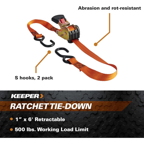 Keeper 05561  1" x 6' Retractable Ratchet Tie-Down Straps with Full-Size Vinyl Coated S-Hooks - 2 Straps per Package Image 2