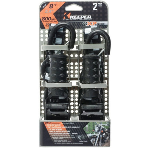 Keeper 45737  1-1/4" x 8' Ratchet Tie-Down Straps with Large Vinyl Covered S-Hooks - 2 Straps per Package Image 1