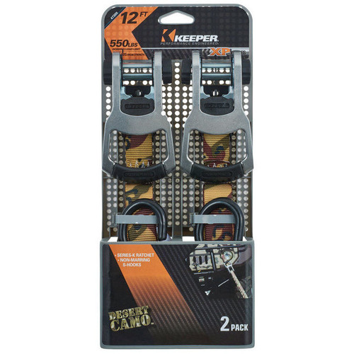 Keeper 47300  1" x 12' Ratchet Tie-Down Straps in Desert Camo with Large Vinyl Covered S-Hooks - 2 Straps per Package Image 6