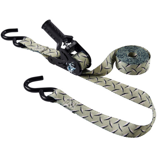 Keeper 47383  1" x 12' Pistol Grip Ratchet Tie-Down Strap in Diamond Plate Design with Vinyl Coated S-Hooks Image 0