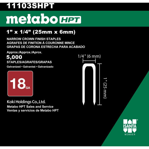 Metabo HPT 11103SHPT  1" x 18 Gauge 1/4" Crown Electro Galvanized Chisel Point Finish Staples - 5000 per Box Image 2