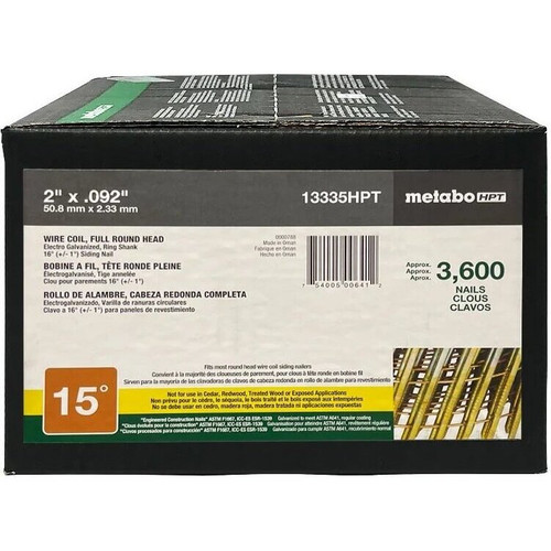Metabo HPT 13335HPT  2" x 0.092 Full Round Head Ring Shank Electro Galvanized 15° Wire Coil Siding Nails - 3600 per Box Image 1