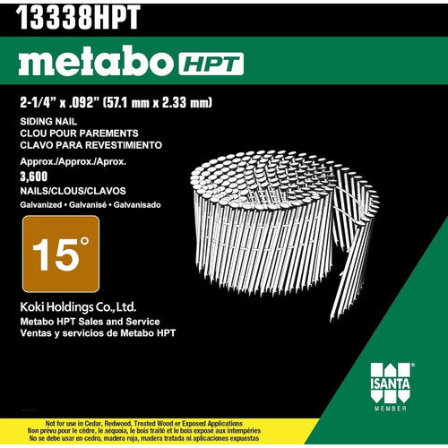 Metabo HPT 13338HPT  2-1/4" x 0.092 Full Round Head Ring Shank Electro Galvanized 15° Wire Coil Siding Nails - 3600 per Box Image 2