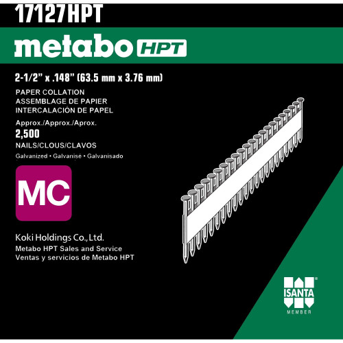 Metabo HPT 17127HPT  2-1/2" x 0.148" Heat Treated Basic Bright Smooth Shank Paper Collated Metal Connector Nails - 2500 per Package Image 2