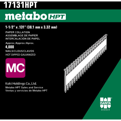 Metabo HPT 17131HPT  1-1/2" x 0.131" Heat Treated Hot Dipped Galvanized Smooth Shank Paper Collated Metal Connector Nails - 4000 per Package Image 2