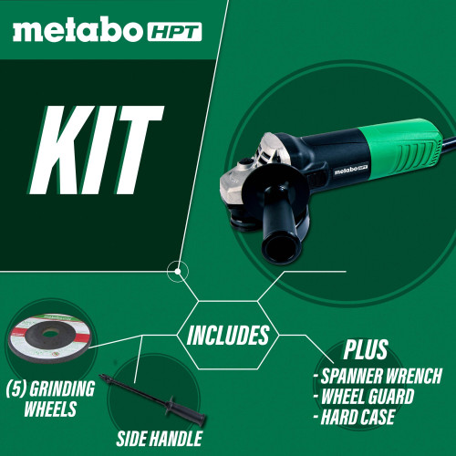 Metabo HPT G12SR4  4-1/2 Inch 6.2 Amp Slide Switch Angle Grinder Kit with 5 Abrasive Wheels Image 4