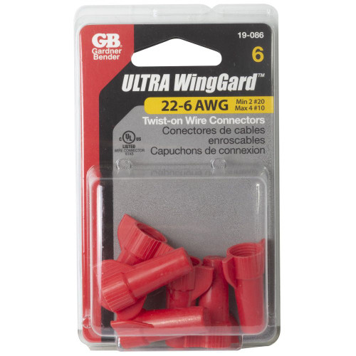 GB Gardner Bender 19-086  WingGard ULTRA High-Leverage Easy-on Wing-type Twist-on Wire Connector  - Red #22-#6 AWG - 6 per Card Image 2