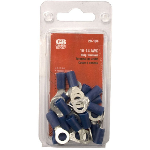 GB Gardner Bender 20-104  Vinyl Insulated Ring Terminal for #8-#10 Stud - Blue 16-14 AWG - 22 per Package Image 1