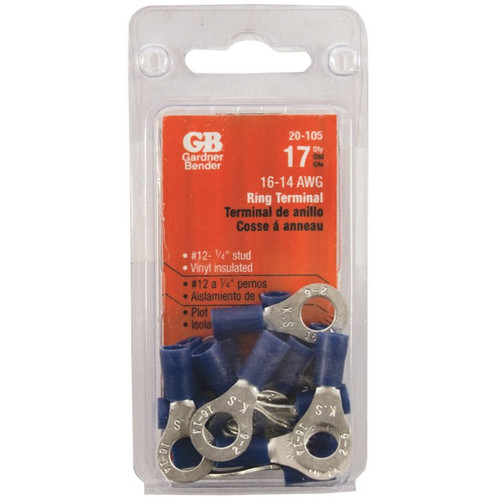 GB Gardner Bender 20-105  Vinyl Insulated Ring Terminal for #12-1/4" Stud - Blue 16-14 AWG - 17 per Package Image 1