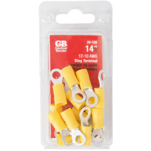 GB Gardner Bender 20-106  Vinyl Insulated Ring Terminal for #8-#10 Stud - Yellow 12-10 AWG - 14 per Package Image 1