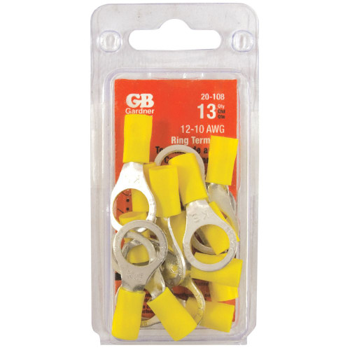 GB Gardner Bender 20-108  Vinyl Insulated Ring Terminal for 1/4"-3/8" Stud - Yellow 12-10 AWG - 13 per Package Image 1