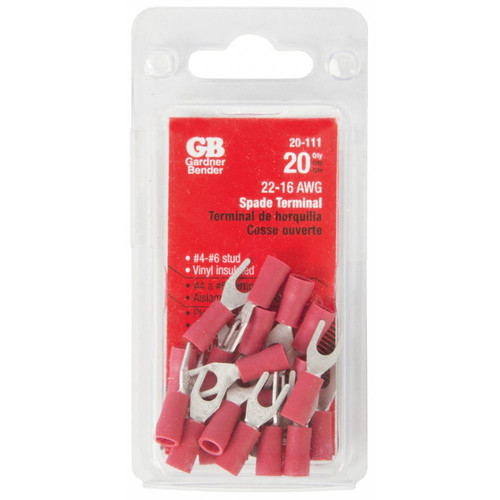 GB Gardner Bender 20-111  Vinyl Insulated Spade Terminal for #4-#6 Stud - Red 22-16 AWG - 20 per Package Image 1