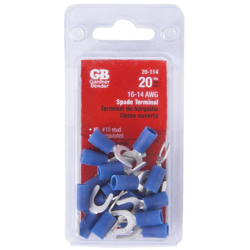 GB Gardner Bender 20-114  Vinyl Insulated Spade Terminal for #8-#10 Stud - Blue 16-14 AWG - 20 per Package Image 1