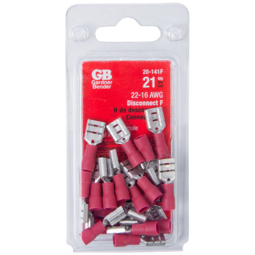 GB Gardner Bender 20-141F  Vinyl Insulated Female 1/4" (0.250") Tab Disconnects - Red 22-16 AWG - 21 per Package Image 1