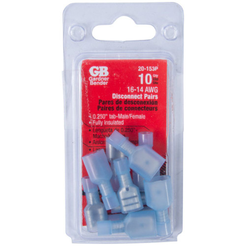 GB Gardner Bender 20-153P  Fully Insulated Male/Female Pair 1/4" (0.250") Tab Disconnects - Blue 16-14 AWG - 10 Pairs per Package Image 2