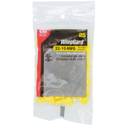 GB Gardner Bender 25-084  WingGard ULTRA High-Leverage Easy-on Wing-type Twist-on Wire Connector - Yellow #22-#10 AWG - 25 per Bag Image 2