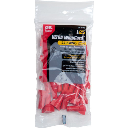 GB Gardner Bender 25-086  WingGard ULTRA High-Leverage Easy-on Wing-type Twist-on Wire Connector  - Red #22-#6 AWG - 25 per Bag Image 2