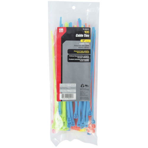 GB Gardner Bender 46-308FST  8" Double Lock Cable Ties 75-lb Assorted Fluorescent Colors - 100 per Bag Image 4