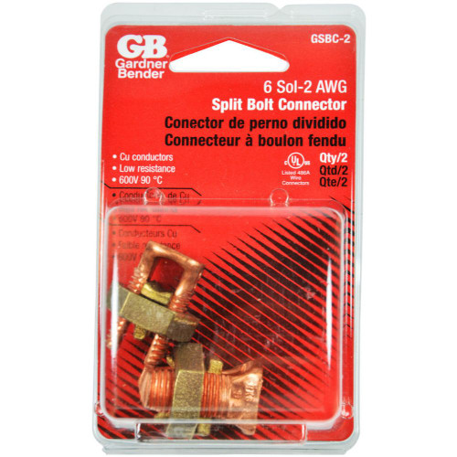 GB Gardner Bender GSBC-2  #6-#2 AWG Solid Copper Split Bolt Connectors - 2 per Package Image 1