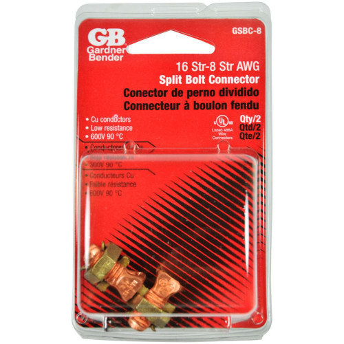 GB Gardner Bender GSBC-8  #16-#8 AWG Solid Copper Split Bolt Connectors - 2 per Package Image 1