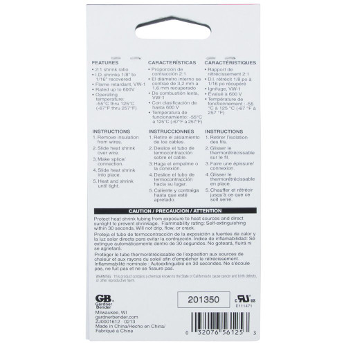 GB Gardner Bender HST-125  1/8" Heat Shrink Tubing 4" Length - 7 per Package Image 2