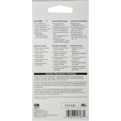 GB Gardner Bender HST-187  3/16" Heat Shrink Tubing 4" Length - 8 per Package Image 2