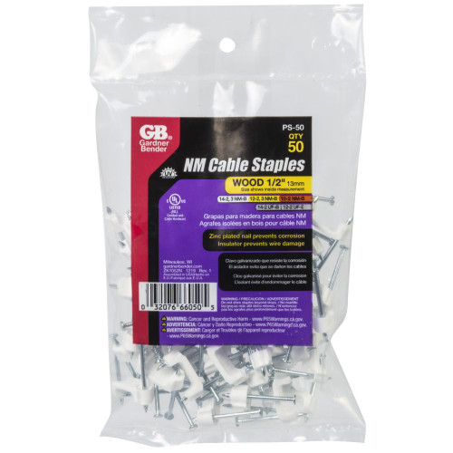 GB Gardner Bender PS-50  1/2" White Plastic NM Cable Staple - 50 per Bag Image 1