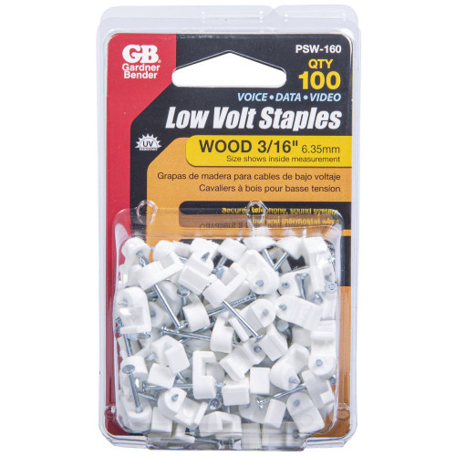 GB Gardner Bender PSW-160  3/16" White Plastic Staple for Low Voltage/Bell/Speaker Wire - 100 per Package Image 1 GB Gardner Bender PSW-160  3/16" White Plastic Staple for Low Voltage/Bell/Speaker Wire - 100 per Package Image 1