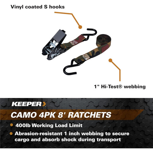 Keeper 03508-V  1" x 8' Ratchet Camo Tie-Downs with Vinyl Coated S-Hooks - 4 Straps per Package Image 1