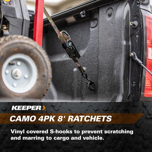 Keeper 03508-V  1" x 8' Ratchet Camo Tie-Downs with Vinyl Coated S-Hooks - 4 Straps per Package Image 2