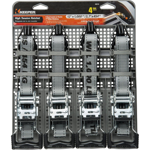 Keeper 05510  1" x 12' High Tension Ratchet Tie-Down Straps with Vinyl Coated J-Hooks - 4 Straps per Package Image 1