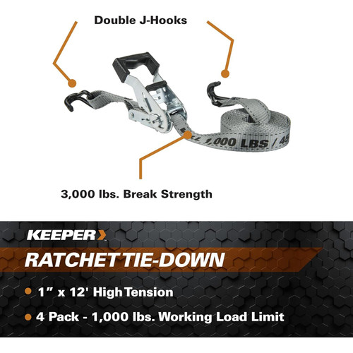 Keeper 05510  1" x 12' High Tension Ratchet Tie-Down Straps with Vinyl Coated J-Hooks - 4 Straps per Package Image 3