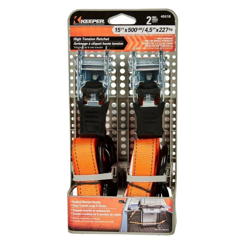 Keeper 45518  1" x 15' High Tension Ratchet Tie-Down Straps with Full-Size Vinyl Coated S-Hooks - 2 Straps per Package Image 2