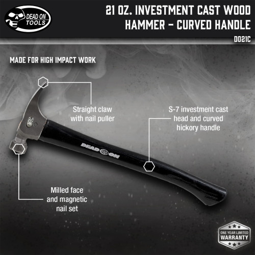 Dead On Tools DO21C  21-oz Milled Face Hammer with 18" Curved Hickory Handle Image 1