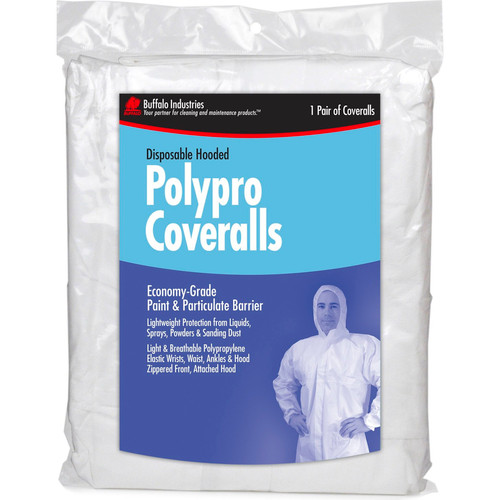 Buffalo 68510  Disposable White Polypro Hooded Coveralls Size Large (42-44) - 1 per Package Image 1