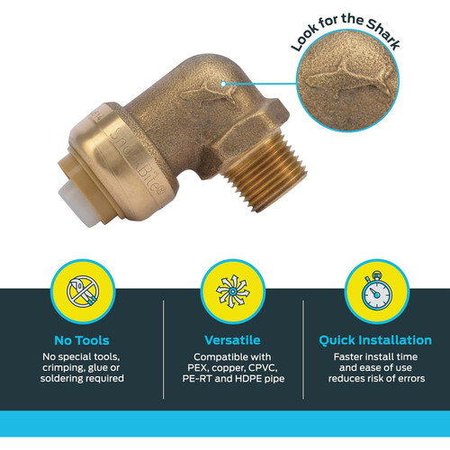 SharkBite U276LFA  1/4" Push-to-Connect x 3/8" MNPT Brass Dishwasher 90 Degree Elbow Image 2