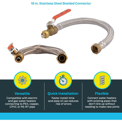 SharkBite U3068FLEX18BVLF  1/2" Push-to-Connect x 3/4" FIP x 18" Length Stainless Steel Braided Water Heater Connector with Ball Valve Image 2