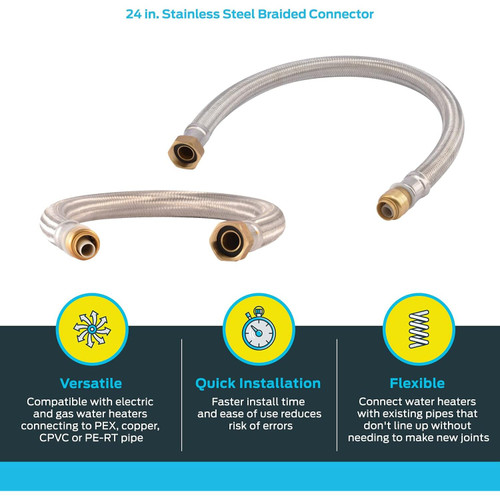 SharkBite U3068FLEX24LF  1/2" Push-to-Connect x 3/4" FIP x 24" Length Stainless Steel Braided Water Heater Connector Hose Image 2