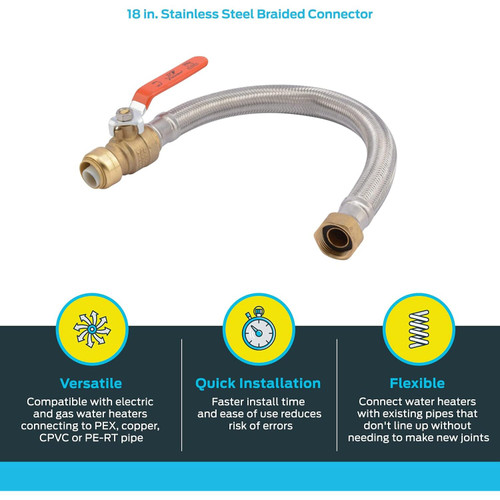 SharkBite U3088FLEX18BVLF  3/4" Push-to-Connect x 3/4" FIP x 18" Length Stainless Steel Braided Water Heater Connector with Ball Valve Image 2